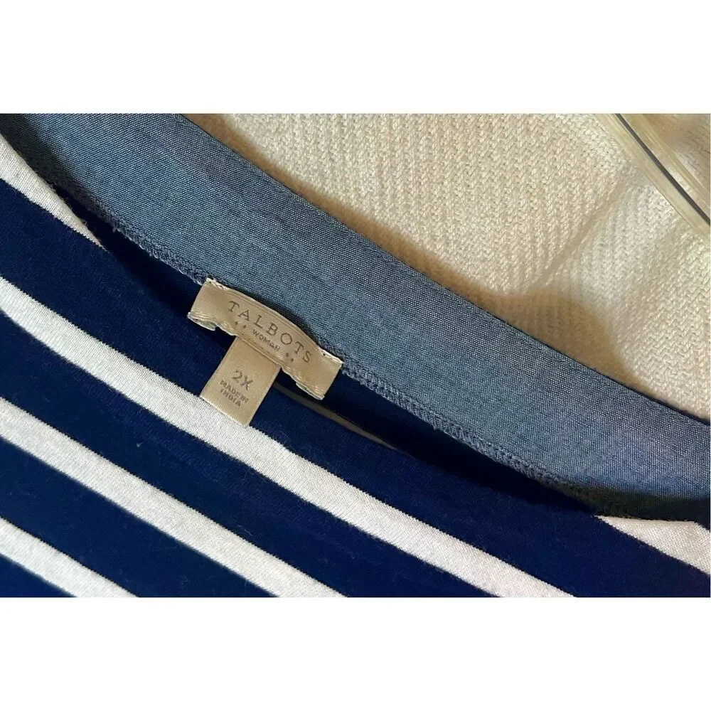 Talbots 3/4 Length Roll ChambrayCuff Sleeve Top Blue White Stripe Women’s Sz XL